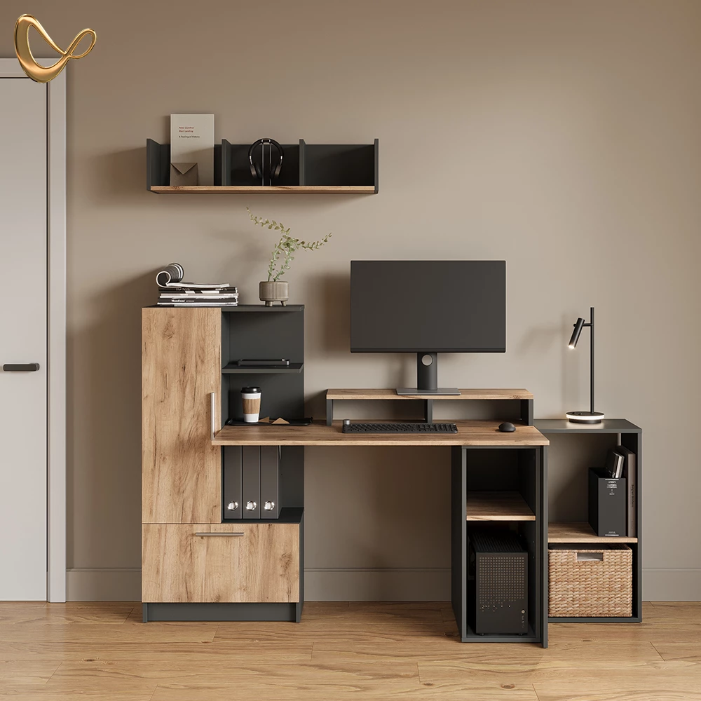 PC-Schrank in Anthrazit/Goldkraft Eiche, dargestellt im Ambiente und auf weißem Hintergrund