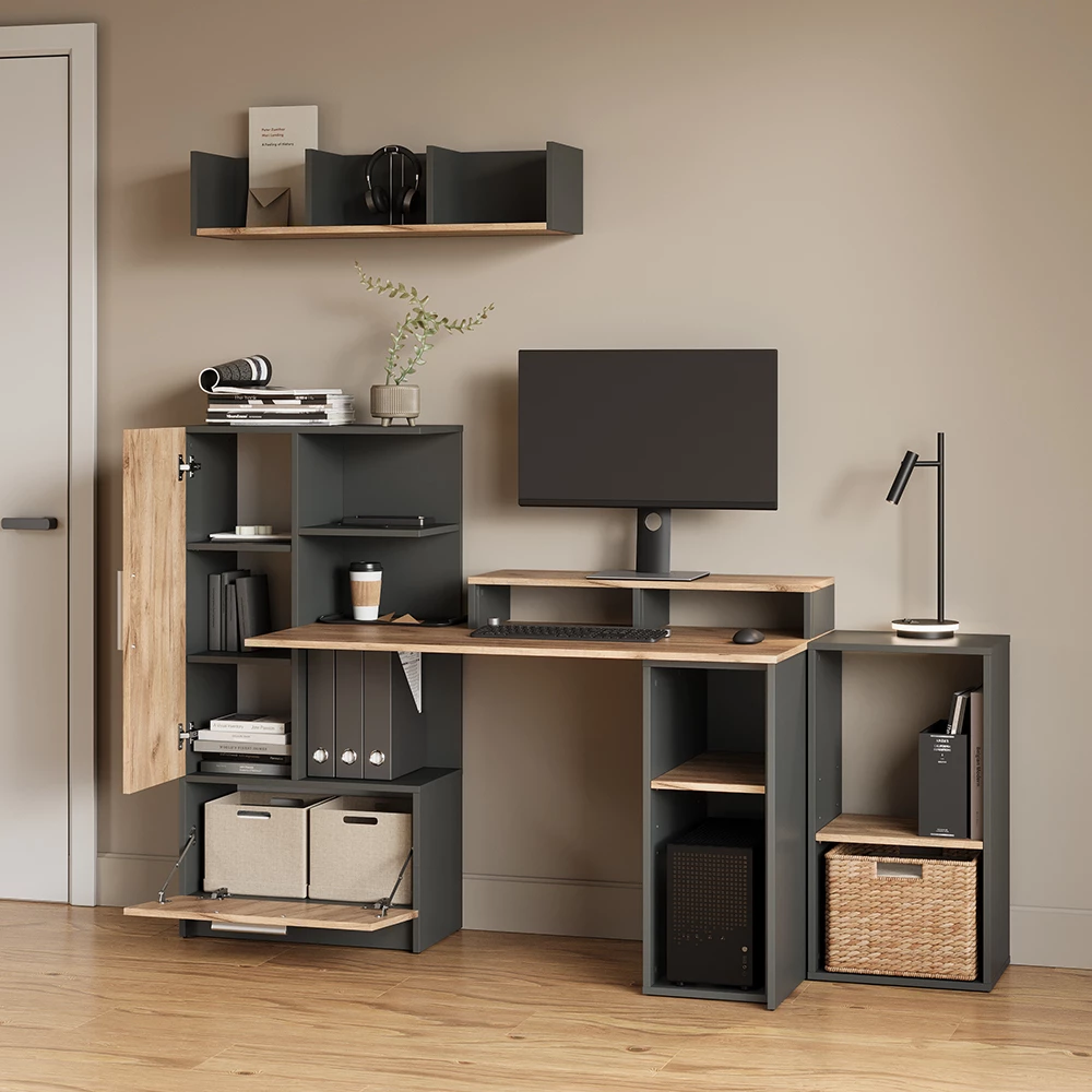 Nahaufnahme von PC-Schrank in Anthrazit/Goldkraft Eiche, zeigt Textur/Details