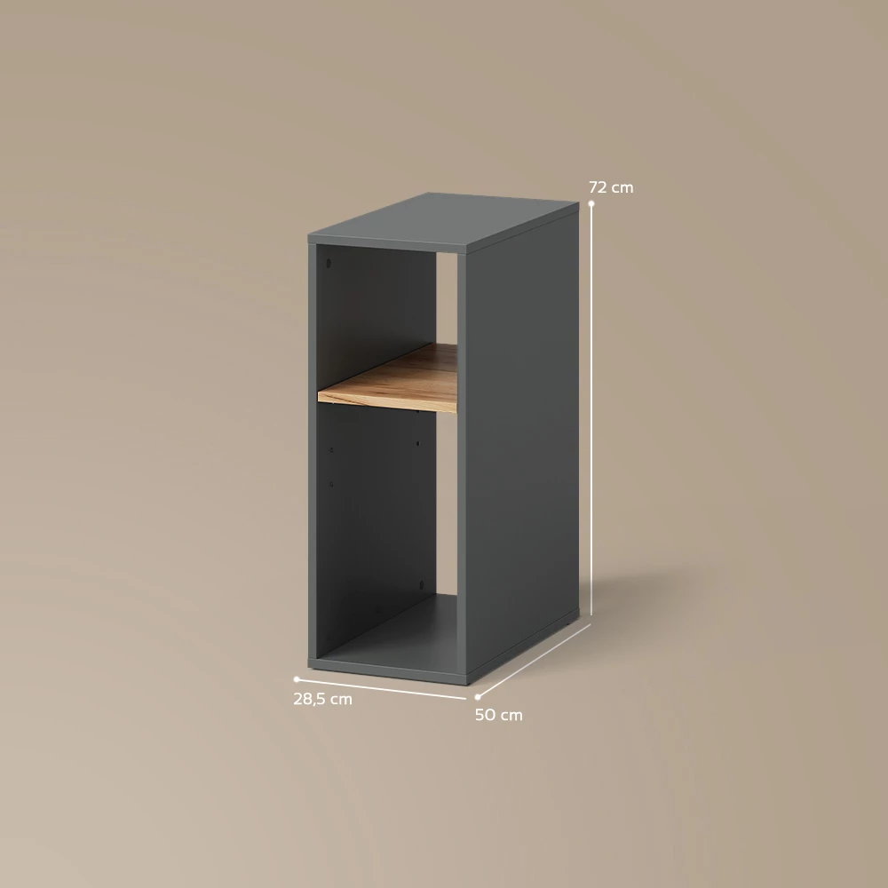 PC-Schrank in Anthrazit/Goldkraft Eiche auf weißem Hintergrund mit sichtbaren Maßen