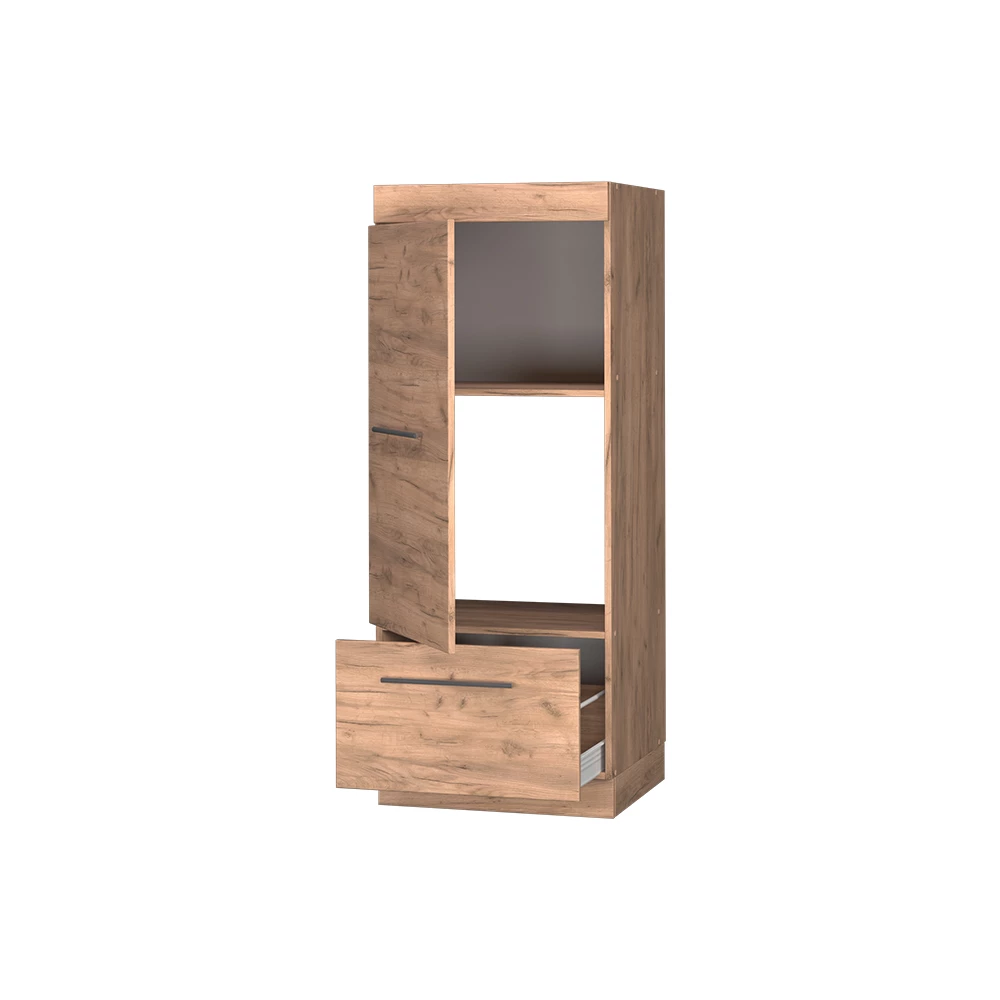 Armoire micro-ondes en Chêne de force doré sur fond blanc avec des éléments décoratifs