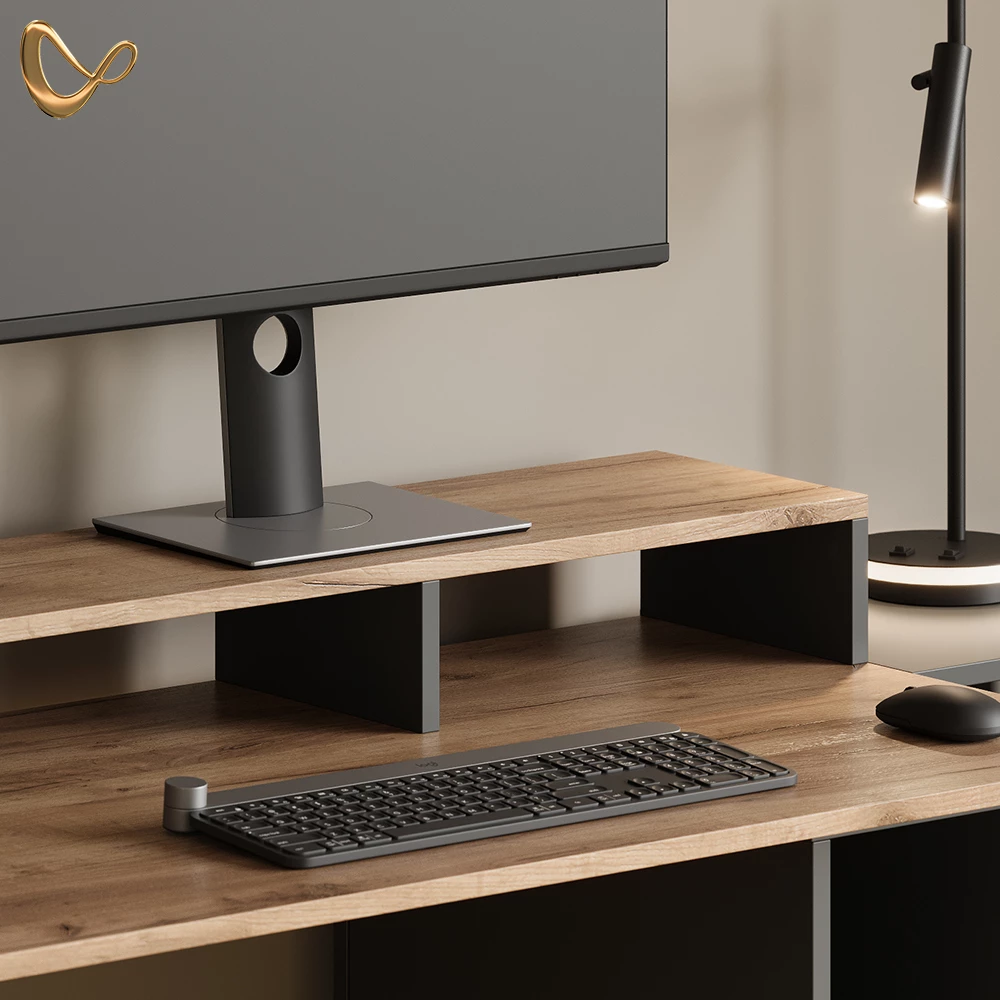 Nahaufnahme von Monitorständer in Anthrazit/Goldkraft Eiche, zeigt Design- und Oberflächendetails