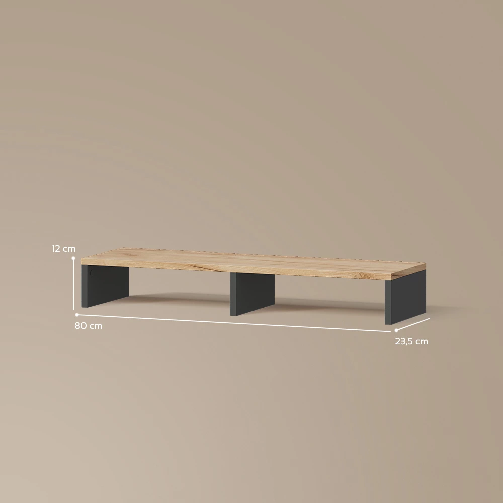 Monitorständer in Anthrazit/Goldkraft Eiche auf weißem Hintergrund mit sichtbaren Maßen