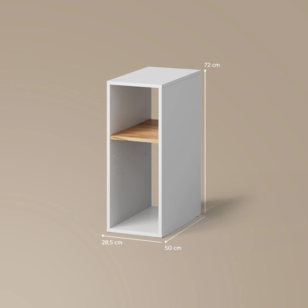 PC-Schrank in Weiß/Goldkraft Eiche auf weißem Hintergrund mit sichtbaren Maßen