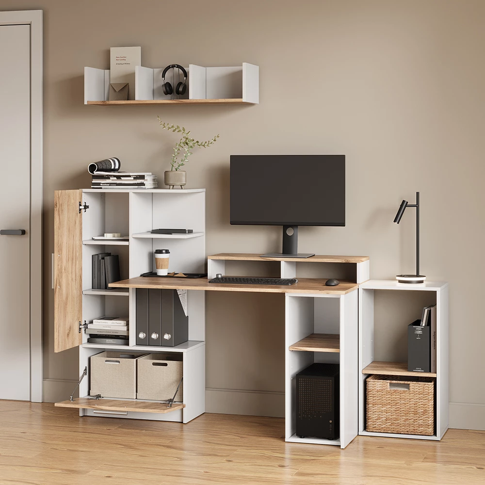 Nahaufnahme von Wandregal in Weiß/Goldkraft Eiche, zeigt Textur/Details