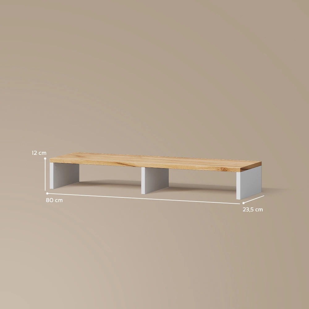 Monitorständer in Weiß/Goldkraft Eiche auf weißem Hintergrund mit sichtbaren Maßen