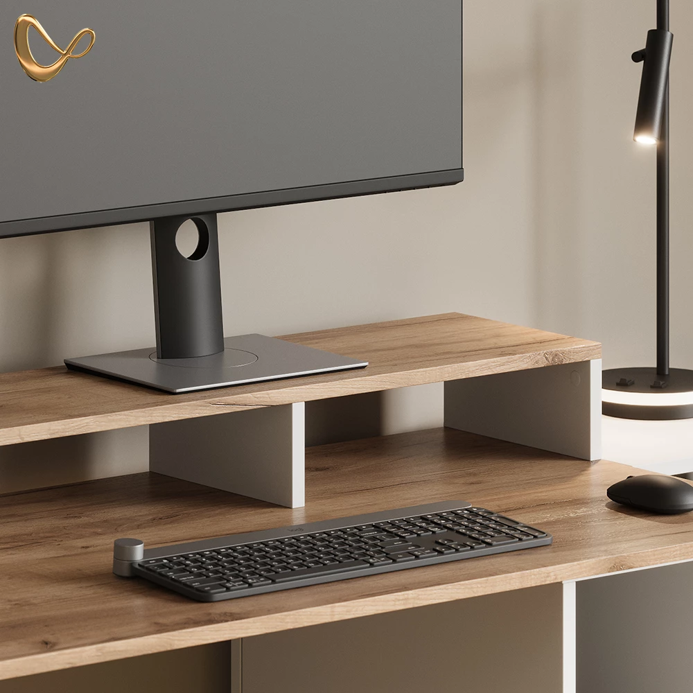 Nahaufnahme von Monitorständer in Weiß/Goldkraft Eiche, zeigt Design- und Oberflächendetails