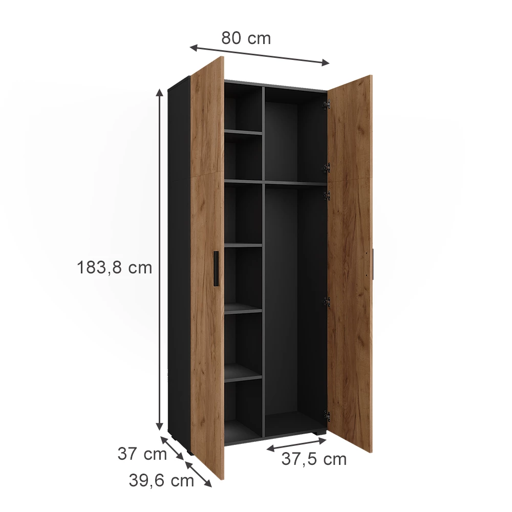 Univerzální skříň v barvě Antracit/zlatý dub na bílém pozadí