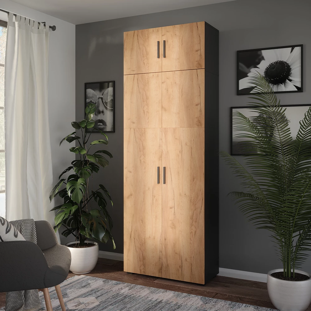 Mehrzweckschrank in Anthrazit/Goldkraft Eiche auf weißem Hintergrund