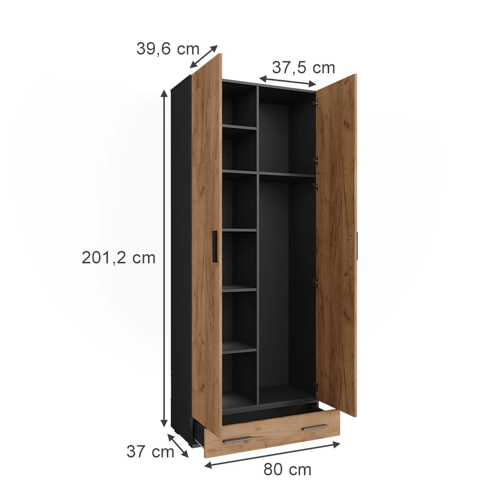 Univerzální skříň v barvě Antracit/zlatý dub na bílém pozadí