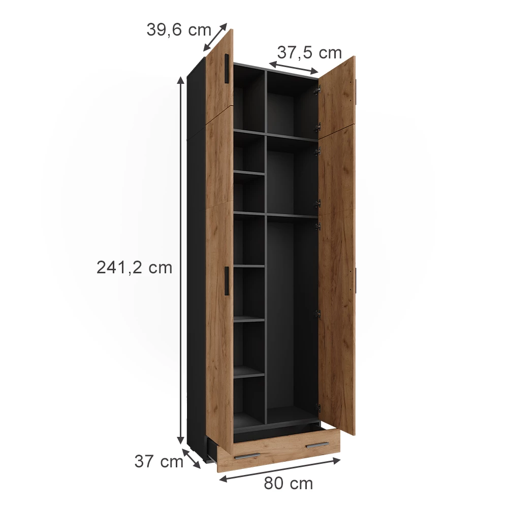 Univerzální skříň v barvě Antracit/zlatý dub na bílém pozadí