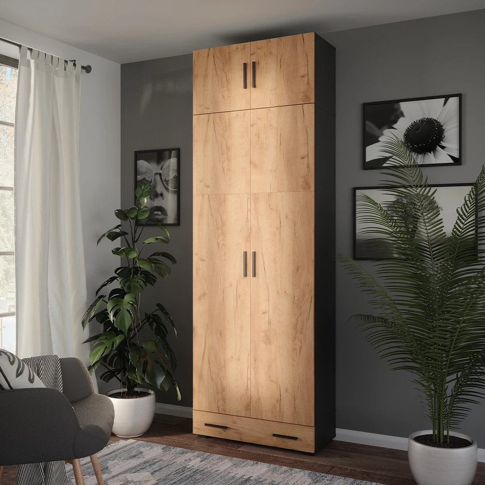 Mehrzweckschrank in Anthrazit/Goldkraft Eiche auf weißem Hintergrund