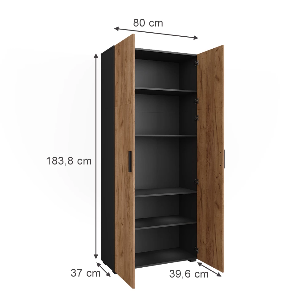 Univerzální skříň v barvě Antracit/zlatý dub na bílém pozadí