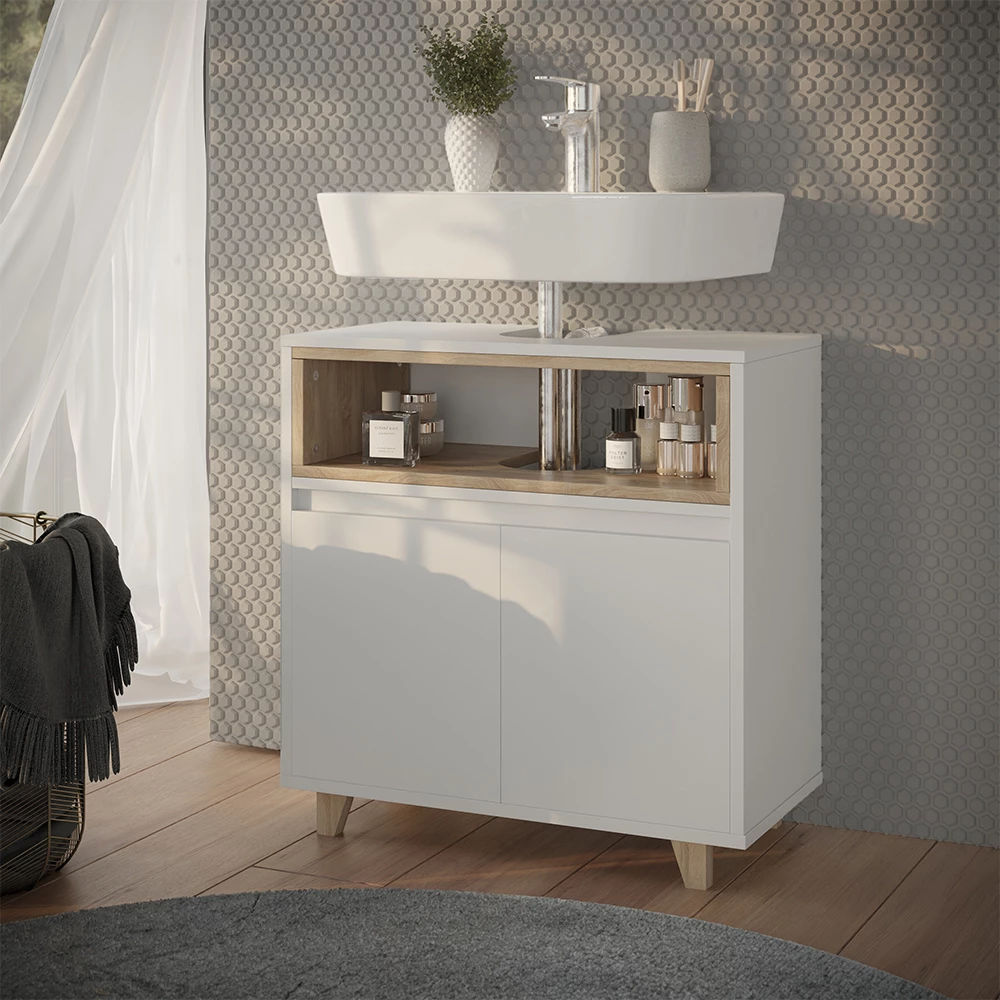 Mobile sottolavabo per bagno in Bianco/quercia, mostrato in un ambiente ambientale con decorazioni