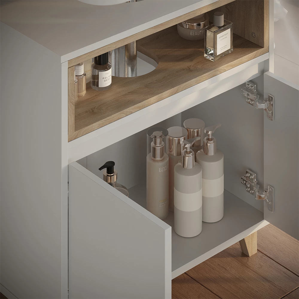 Primo piano di Mobile sottolavabo per bagno in Bianco/quercia, mostrando texture/dettagli