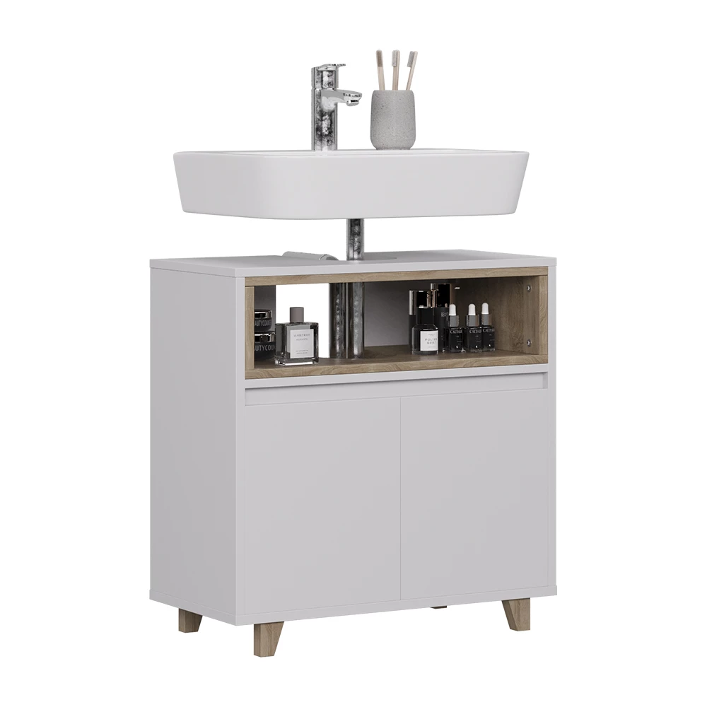 Mobile sottolavabo per bagno in Bianco/quercia su sfondo bianco con elementi decorativi