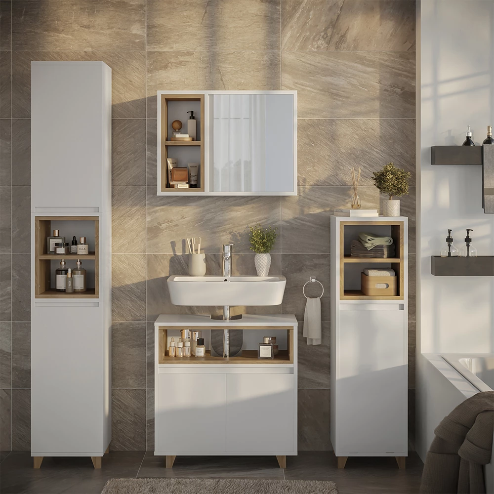 Badkamerkast Elnor Wit/eiken 30 x 170 cm met 2 deuren Vicco