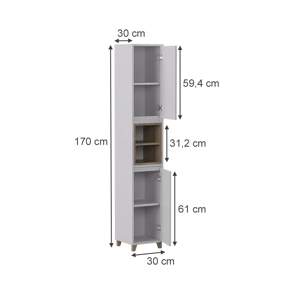Badkamerkast in Wit/eiken op een witte achtergrond met zichtbare afmetingen