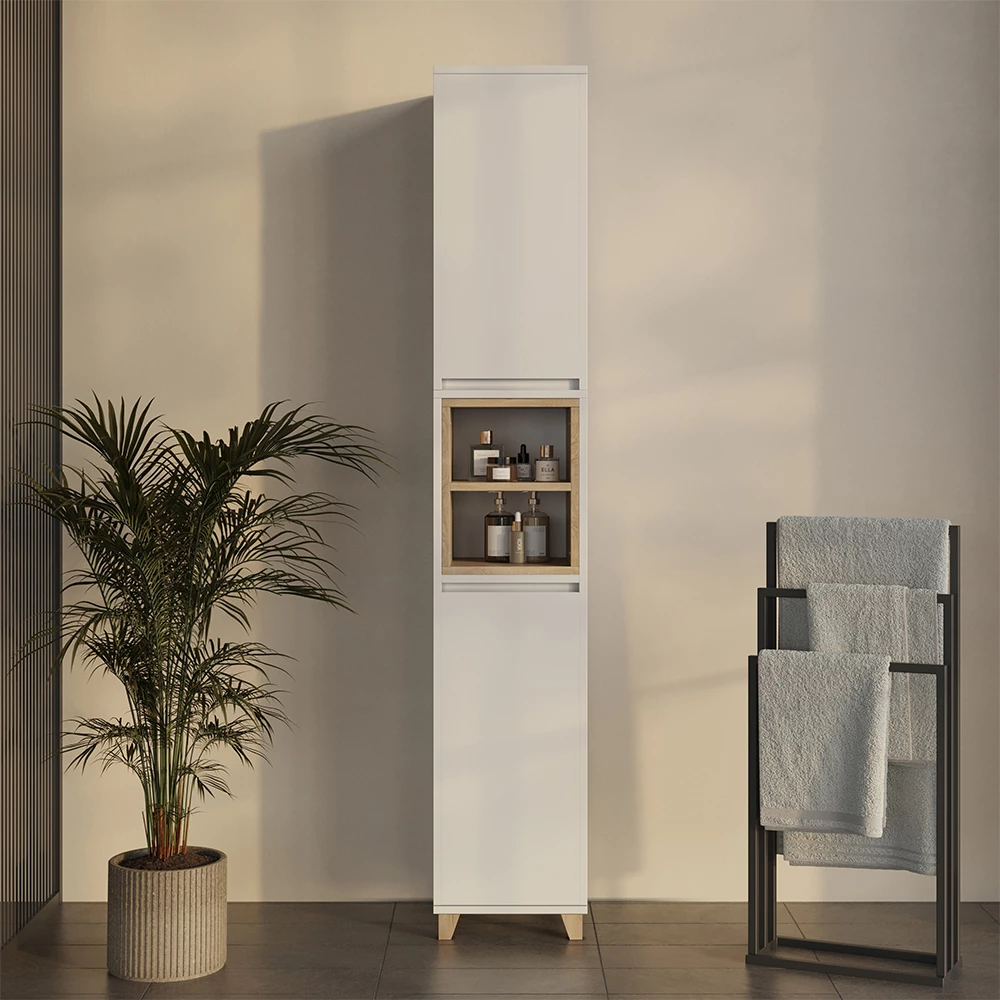 Badkamerkast in Wit/eiken, getoond in een sfeervolle omgeving met decoratie