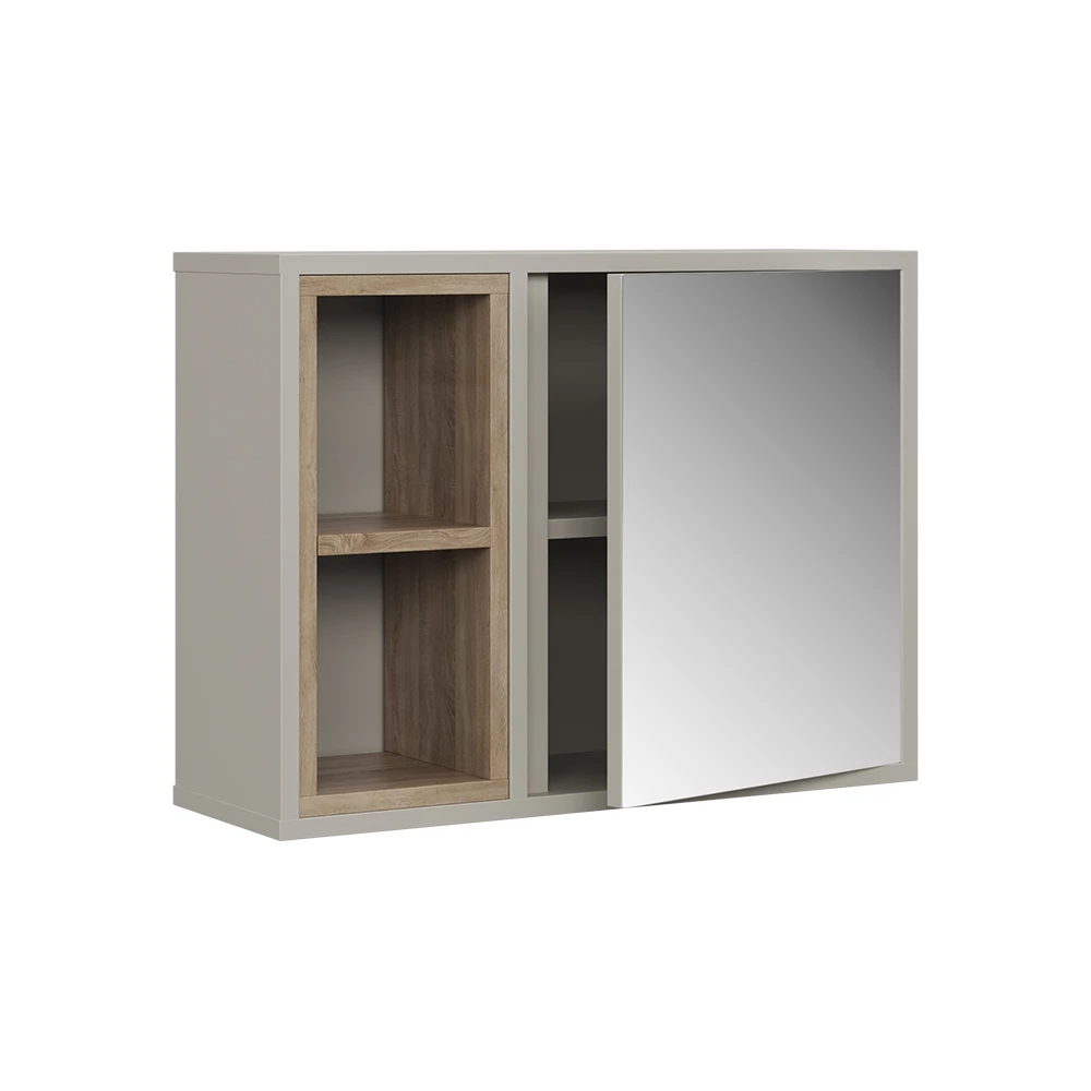 Mobiletto a specchio in Greige/Rovere su sfondo bianco