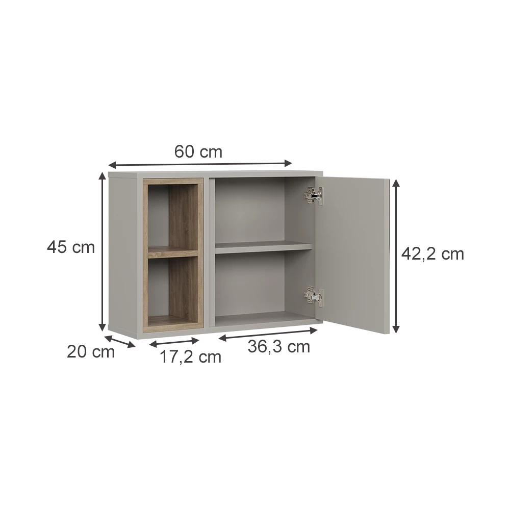 Mobiletto a specchio in Greige/Rovere su sfondo bianco con dimensioni visibili