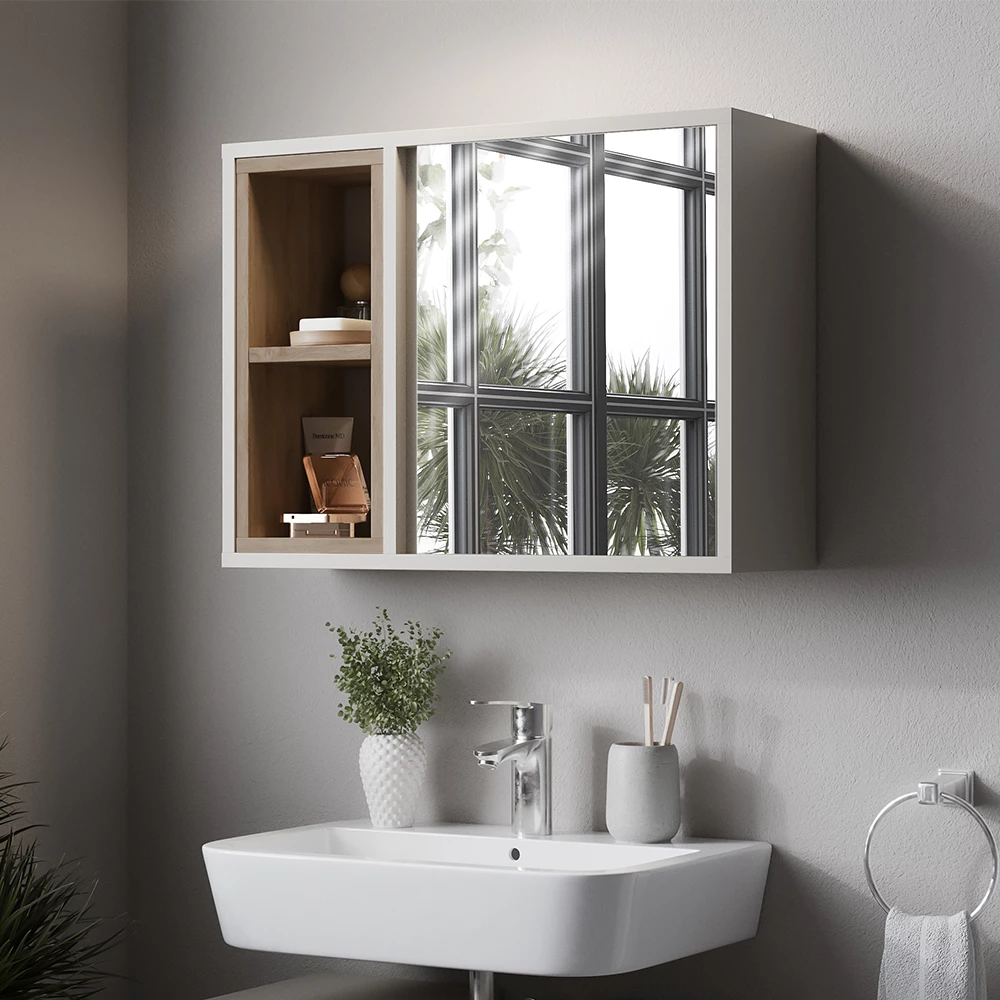 Mobiletto a specchio in Greige/Rovere, mostrato in un ambiente ambientale con decorazioni