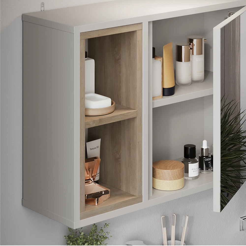 Primo piano di Mobiletto a specchio in Greige/Rovere, mostrando texture/dettagli