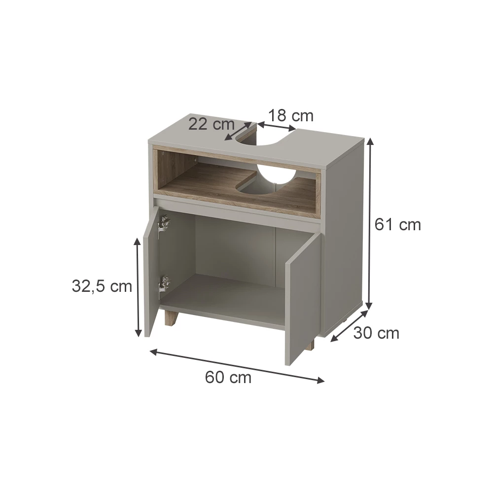 Waschbeckenunterschrank in Greige/Eiche auf weißem Hintergrund mit sichtbaren Maßen