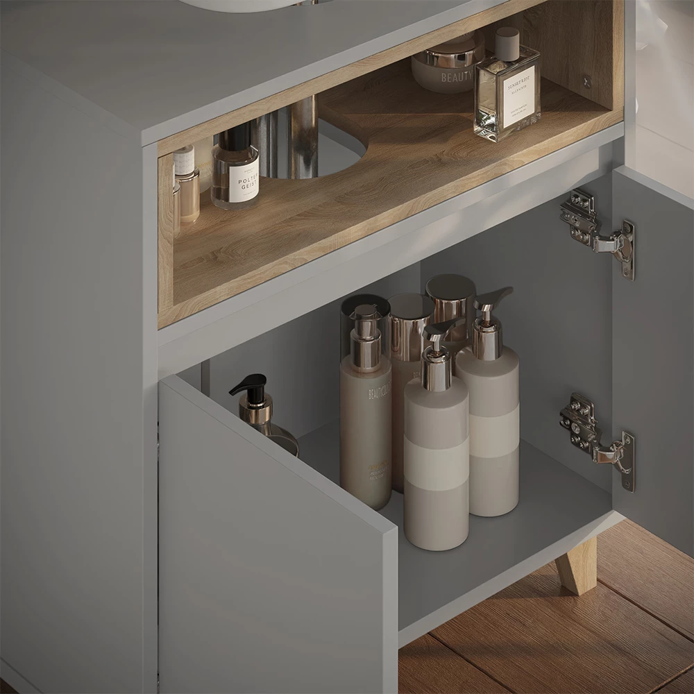 Nahaufnahme von Waschbeckenunterschrank in Greige/Eiche, zeigt Textur/Details