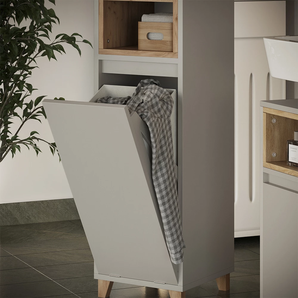 Close-up van Halfhoge kast in Greige/Eik, met textuur/details