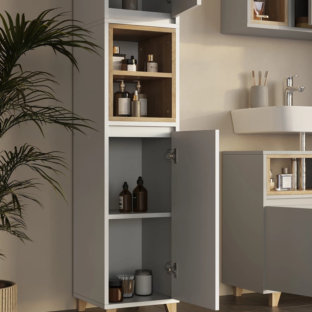 Primo piano di Armadio per il bagno in Greige/Rovere, mostrando texture/dettagli