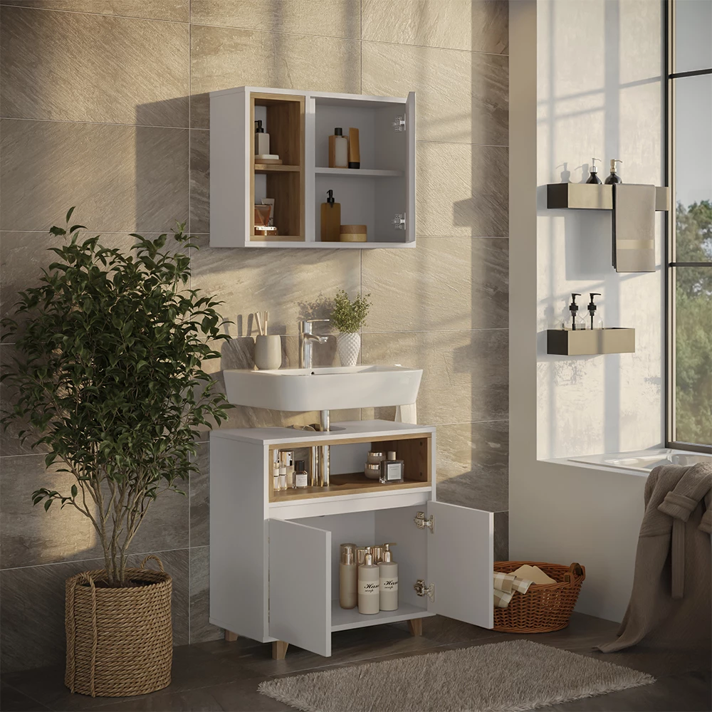 Badmöbel-Set Elnor Weiß/Eiche mit Spiegelschrank und Unterschrank Vicco