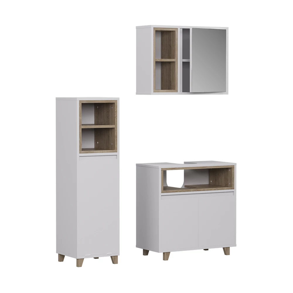 Set di mobili da bagno in Bianco/quercia su sfondo bianco
