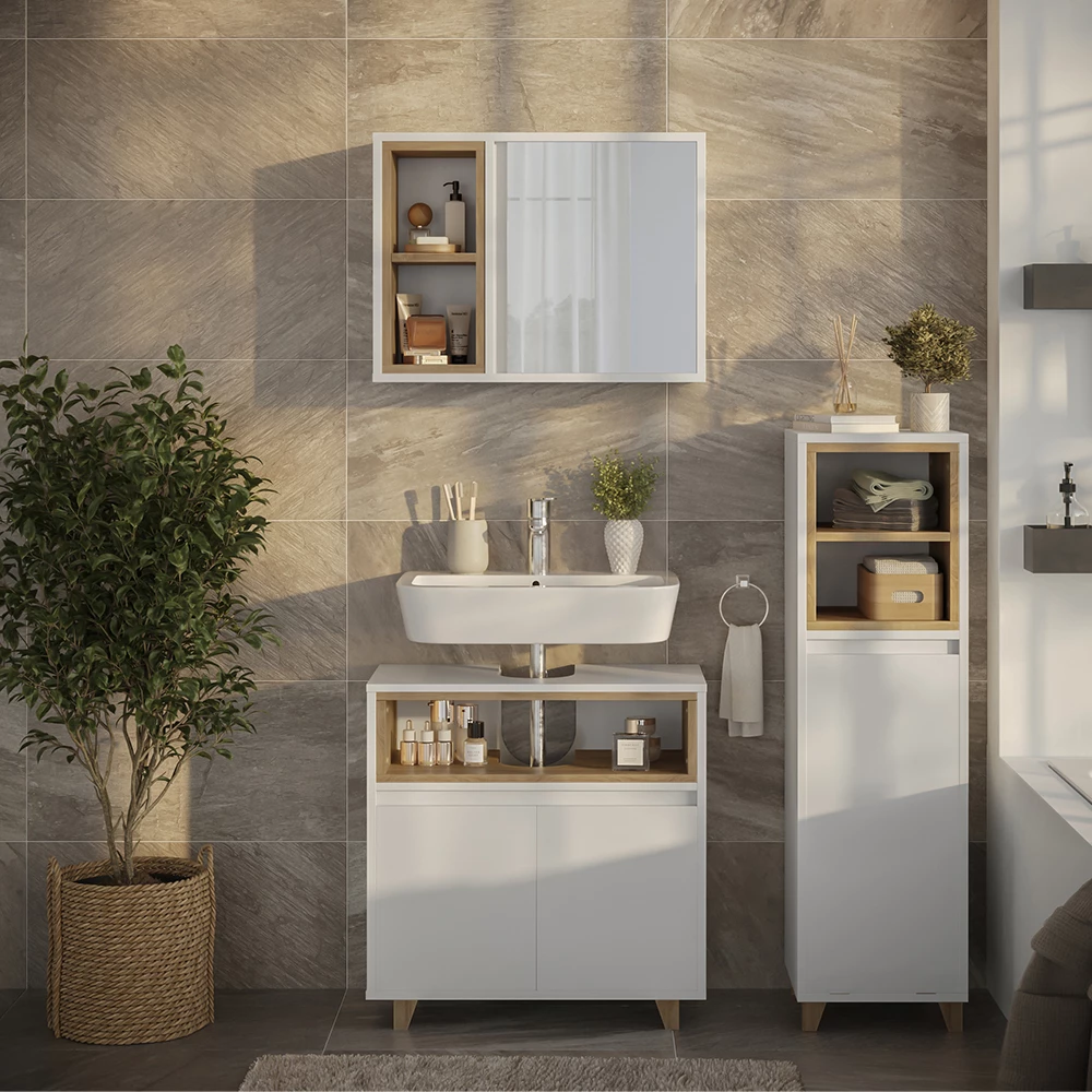 Set di mobili da bagno in Bianco/quercia, mostrato in un ambiente ambientale con decorazioni