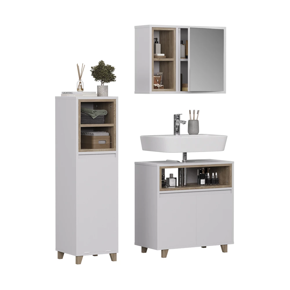 Set di mobili da bagno in Bianco/quercia su sfondo bianco con elementi decorativi