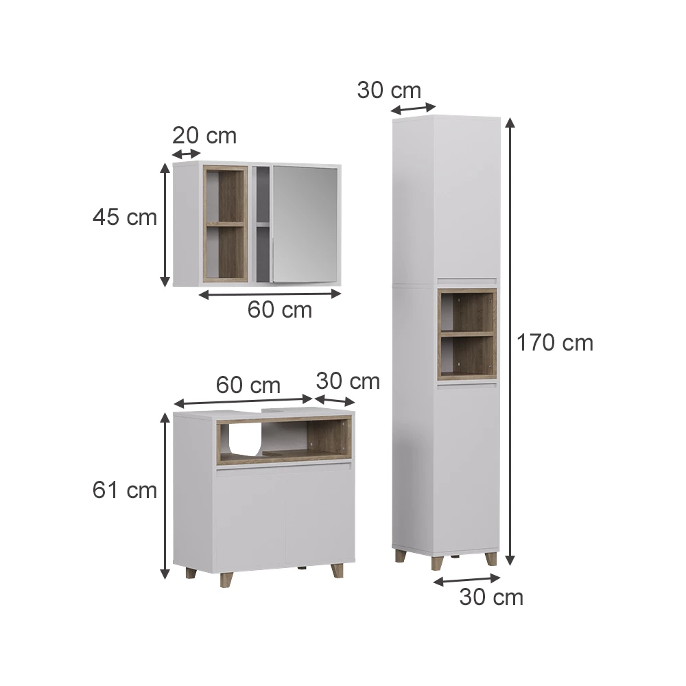 Badmöbel-Set in Weiß/Eiche auf weißem Hintergrund mit sichtbaren Maßen