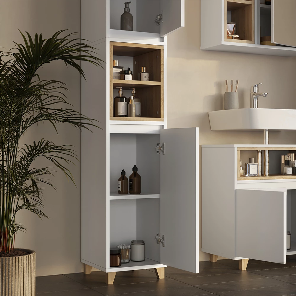 Nahaufnahme von Badmöbel-Set in Weiß/Eiche, zeigt Textur/Details