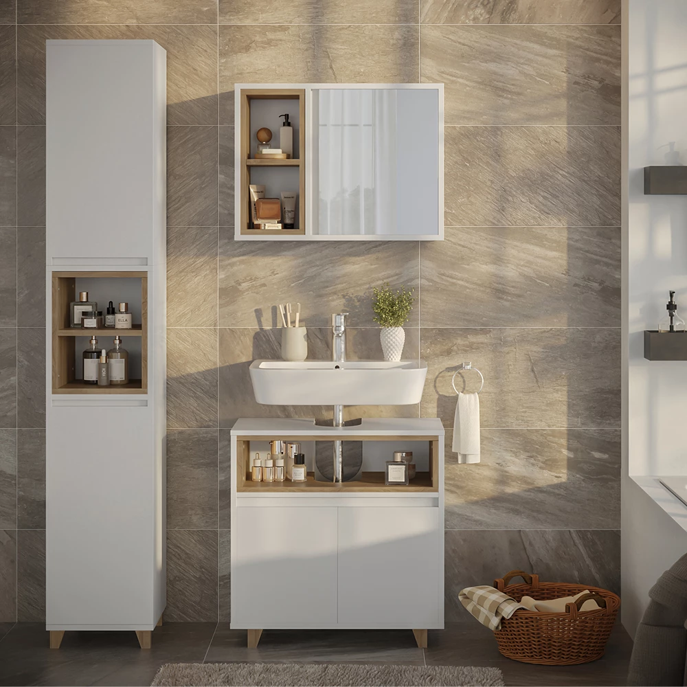 Badmöbel-Set in Weiß/Eiche, dargestellt im Ambiente mit Dekoration