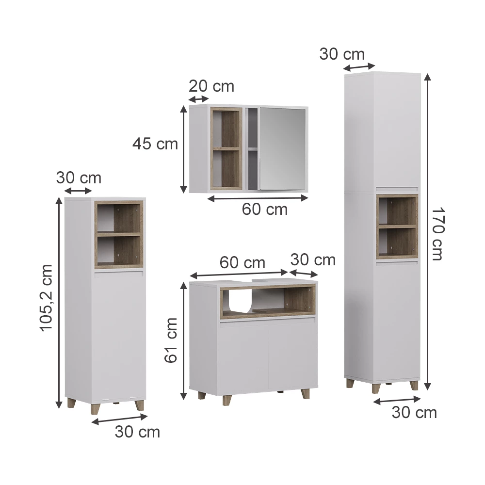 Set di mobili da bagno in Bianco/quercia su sfondo bianco con dimensioni visibili