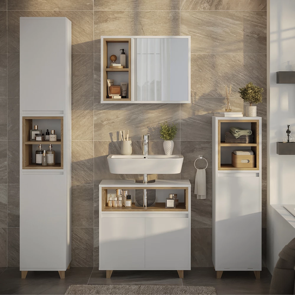 Set di mobili da bagno in Bianco/quercia, mostrato in un ambiente ambientale con decorazioni