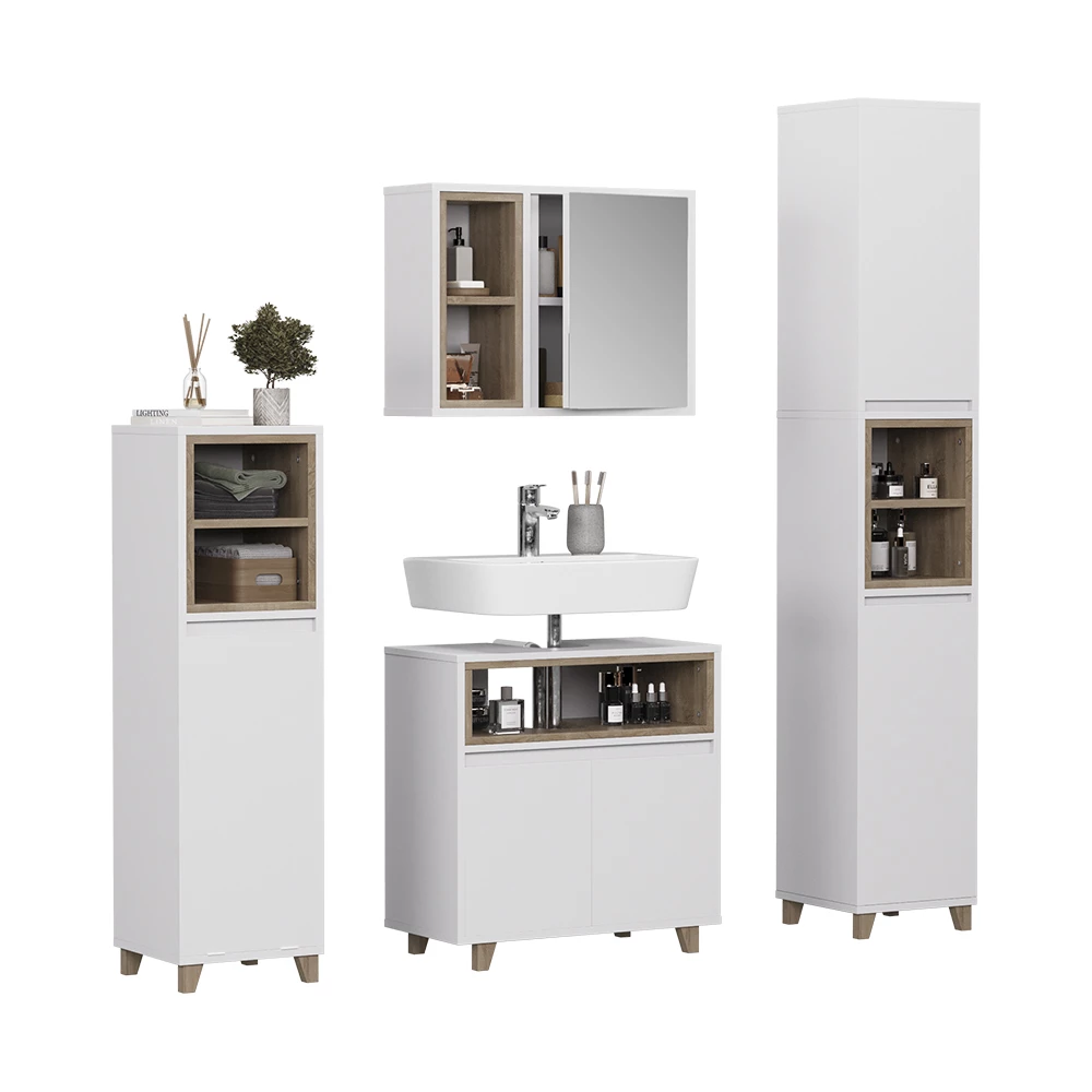 Set di mobili da bagno in Bianco/quercia su sfondo bianco con elementi decorativi
