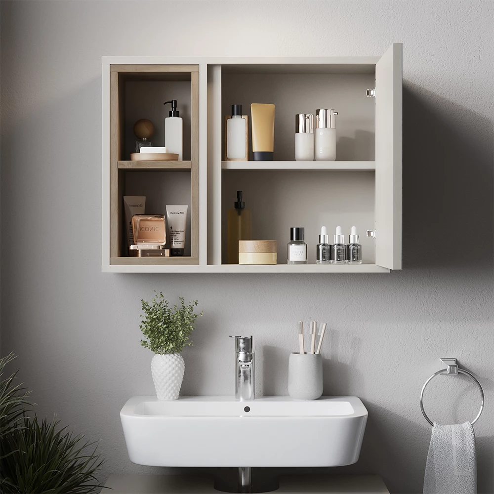 Nahaufnahme von Badmöbel-Set in Greige/Eiche, zeigt Textur/Details