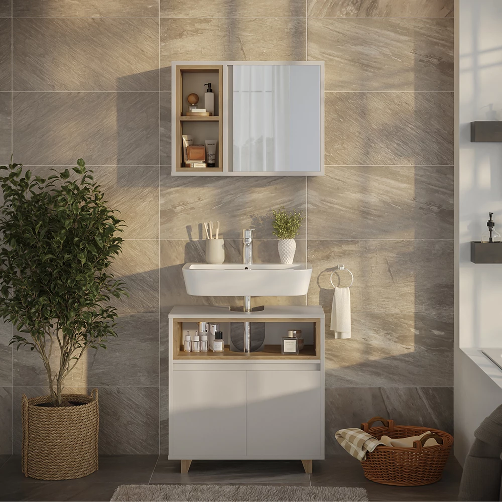 Badmöbel-Set in Greige/Eiche, dargestellt im Ambiente mit Dekoration