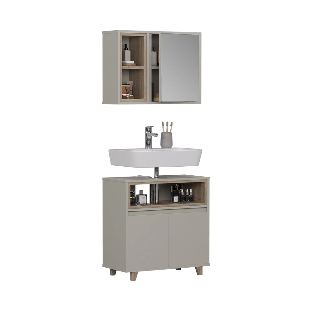 Badmöbel-Set in Greige/Eiche auf weißem Hintergrund mit dekorativen Elementen