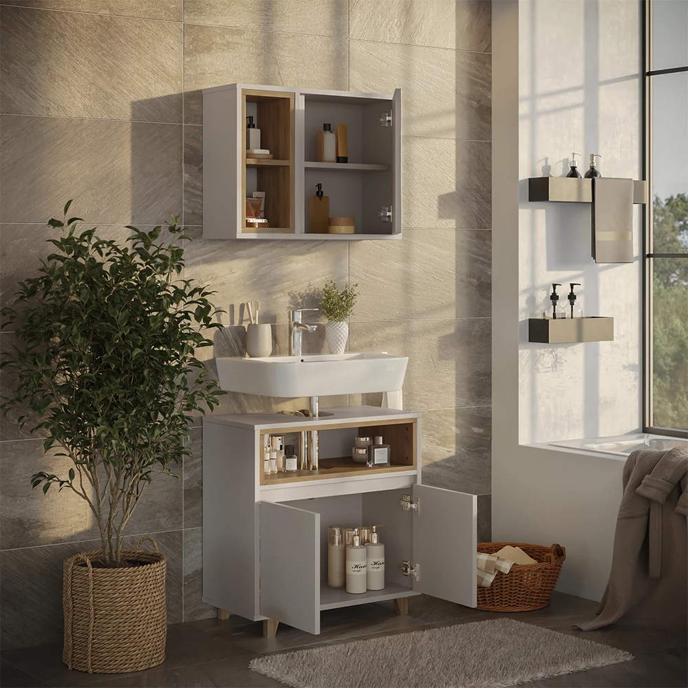 Badmöbel-Set Elnor Greige mit Spiegelschrank und Unterschrank Vicco