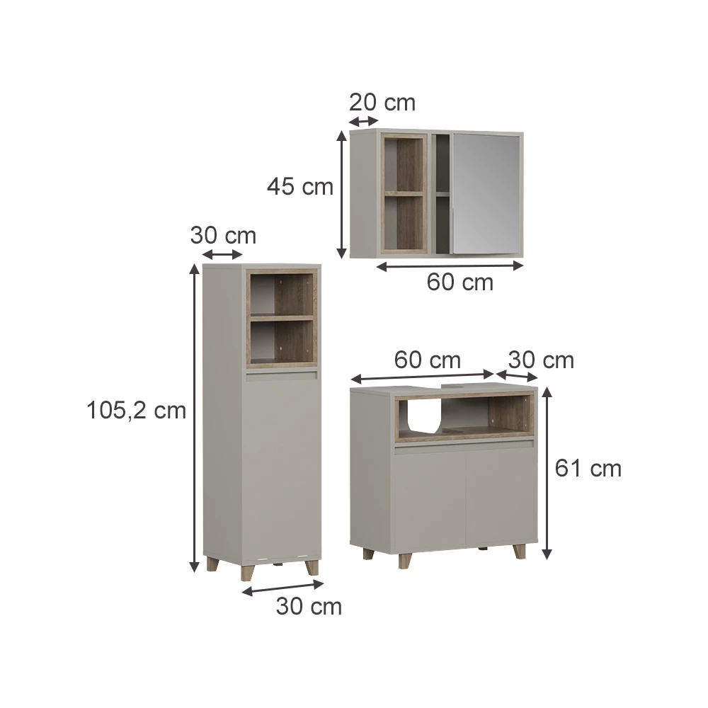 Badkamermeubelset in Greige/Eik op een witte achtergrond met zichtbare afmetingen