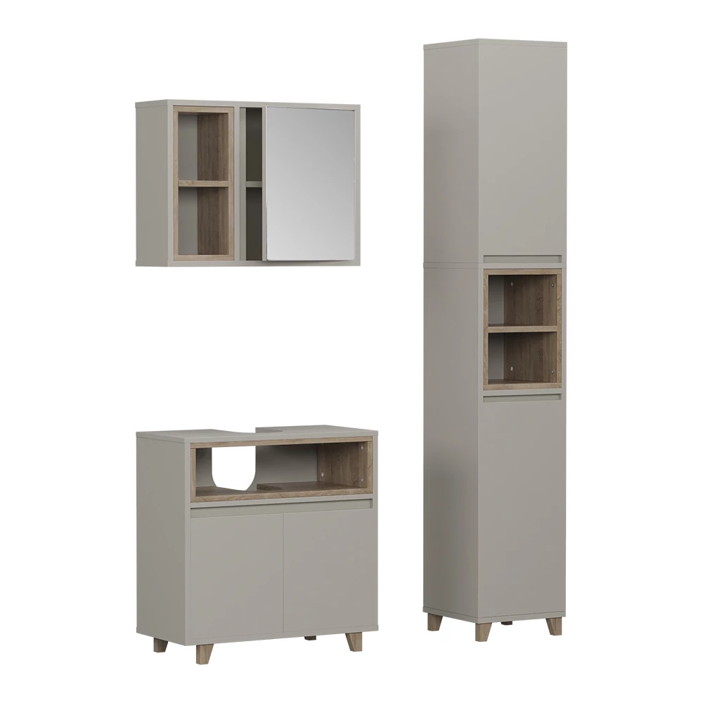 Badmöbel-Set in Greige/Eiche auf weißem Hintergrund