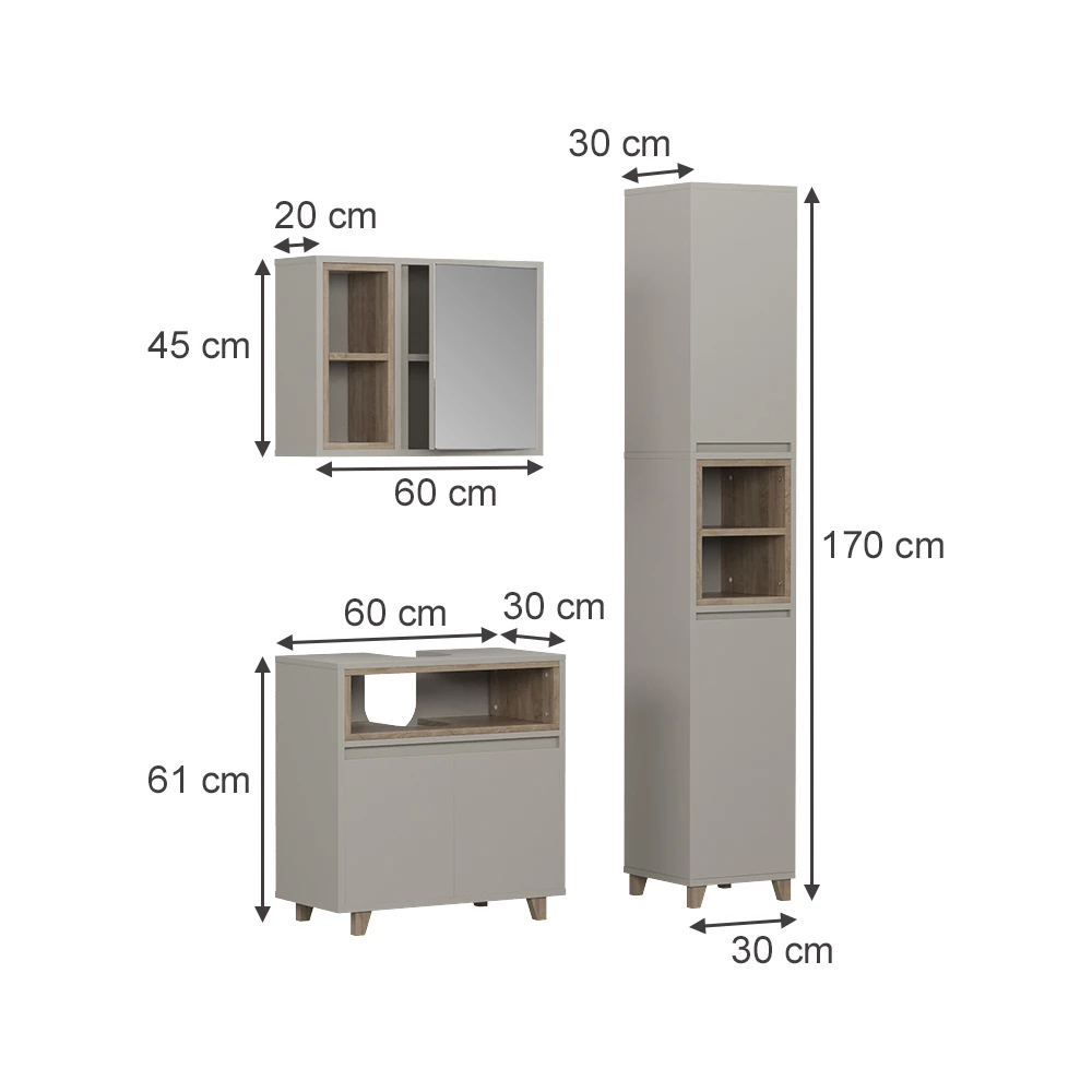 Badmöbel-Set in Greige/Eiche auf weißem Hintergrund mit sichtbaren Maßen