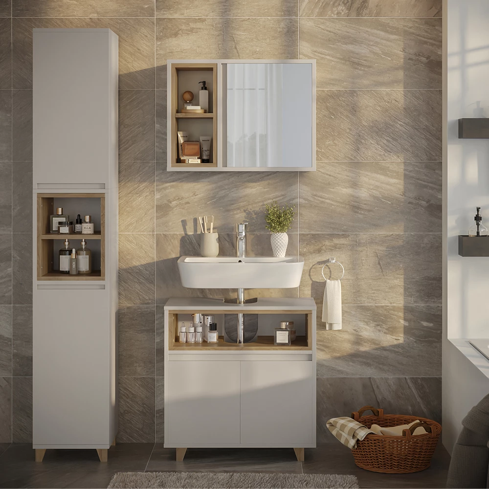 Badmöbel-Set in Greige/Eiche, dargestellt im Ambiente mit Dekoration