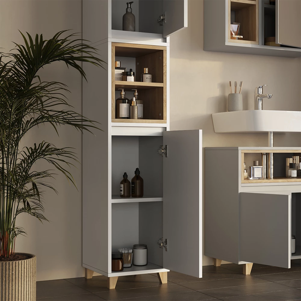 Nahaufnahme von Badmöbel-Set in Greige/Eiche, zeigt Textur/Details