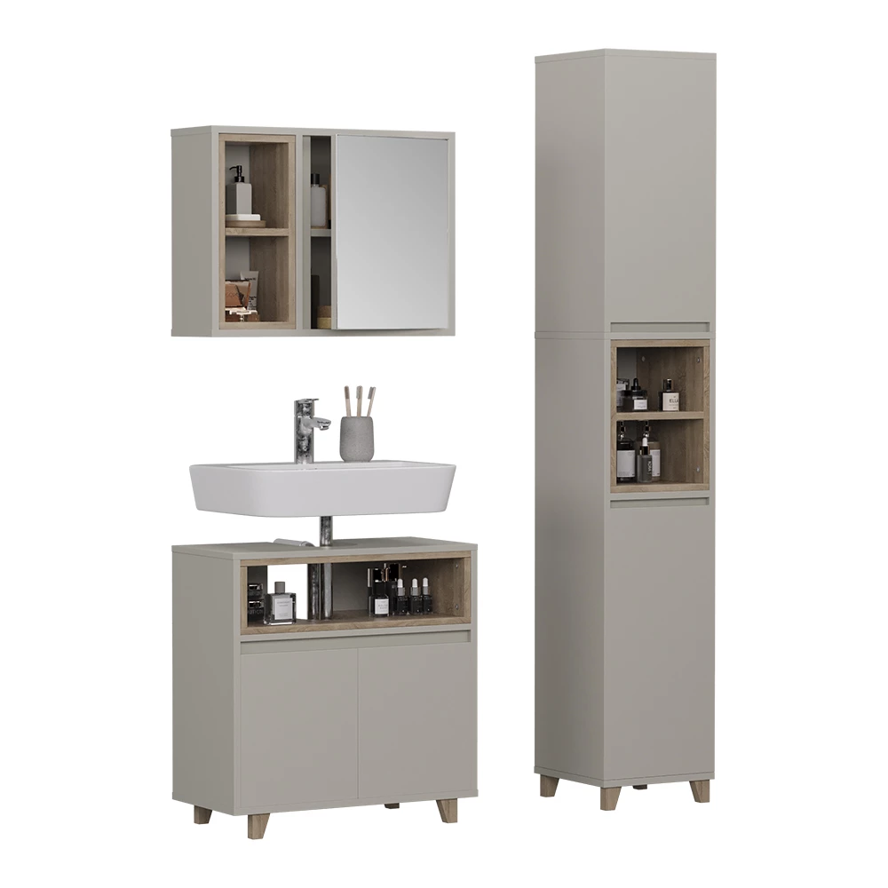 Badmöbel-Set in Greige/Eiche auf weißem Hintergrund mit dekorativen Elementen